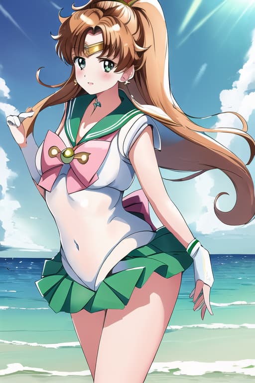  (sailor jupiter:1.3), (masterpiece), (highest quality), (intricate), (high detail),Girl at beach, An extremely detailed illustration of a cute beautiful women on the sea beach, detailed water, masterpiece, best quality, high quality, solo