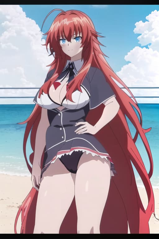  ,on the beach,sunny beautiful day,age,cameltoe,long hair,,realistic,anime style.,masterpiece, best quality, 1women, long red hair, looking at viewer, :3, cute, black uniform, outdoors, streets, cowboy shot, curvy, (((blue eyes))), rias gremory, red hair, antenna hair, wavy hair, ((beautiful detailed eyes, beautiful detailed glow, lots of glow)), anime screencap