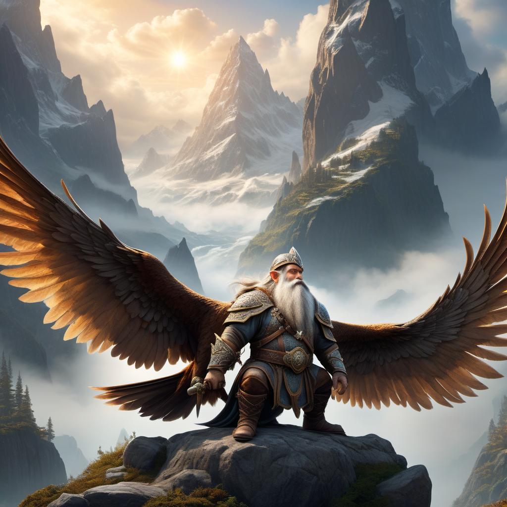  ethereal fantasy concept art of Dwarves sit on big birds. . magnificent, celestial, ethereal, painterly, epic, majestic, magical, fantasy art, cover art, dreamy hyperrealistic, full body, detailed clothing, highly detailed, cinematic lighting, stunningly beautiful, intricate, sharp focus, f/1. 8, 85mm, (centered image composition), (professionally color graded), ((bright soft diffused light)), volumetric fog, trending on instagram, trending on tumblr, HDR 4K, 8K