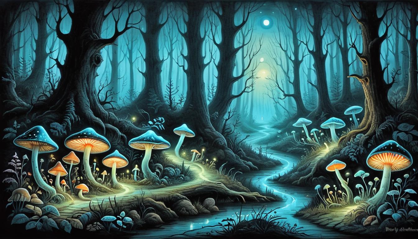  on parchment, surrealism+++, Luminescent path winding through a dark forest, bioluminescent fungi illuminating the way, guiding, mystical(mysterious, provocative, symbolic,muted color)+++