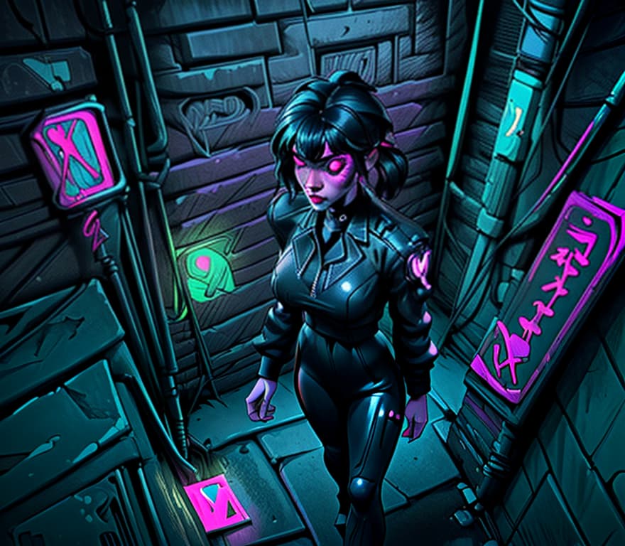  masterpiece, best quality, very aesthetic, absurdres wlop miimalism cinematic lighting 1girl, aged up walking in the alley black suit white collar shirt perspective from above cyberpunk, neon