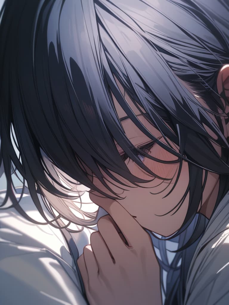  Black hair, short hair, hiding face, masterpiece, best quality,8k,ultra detailed,high resolution,an extremely delicate and beautiful,hyper detail