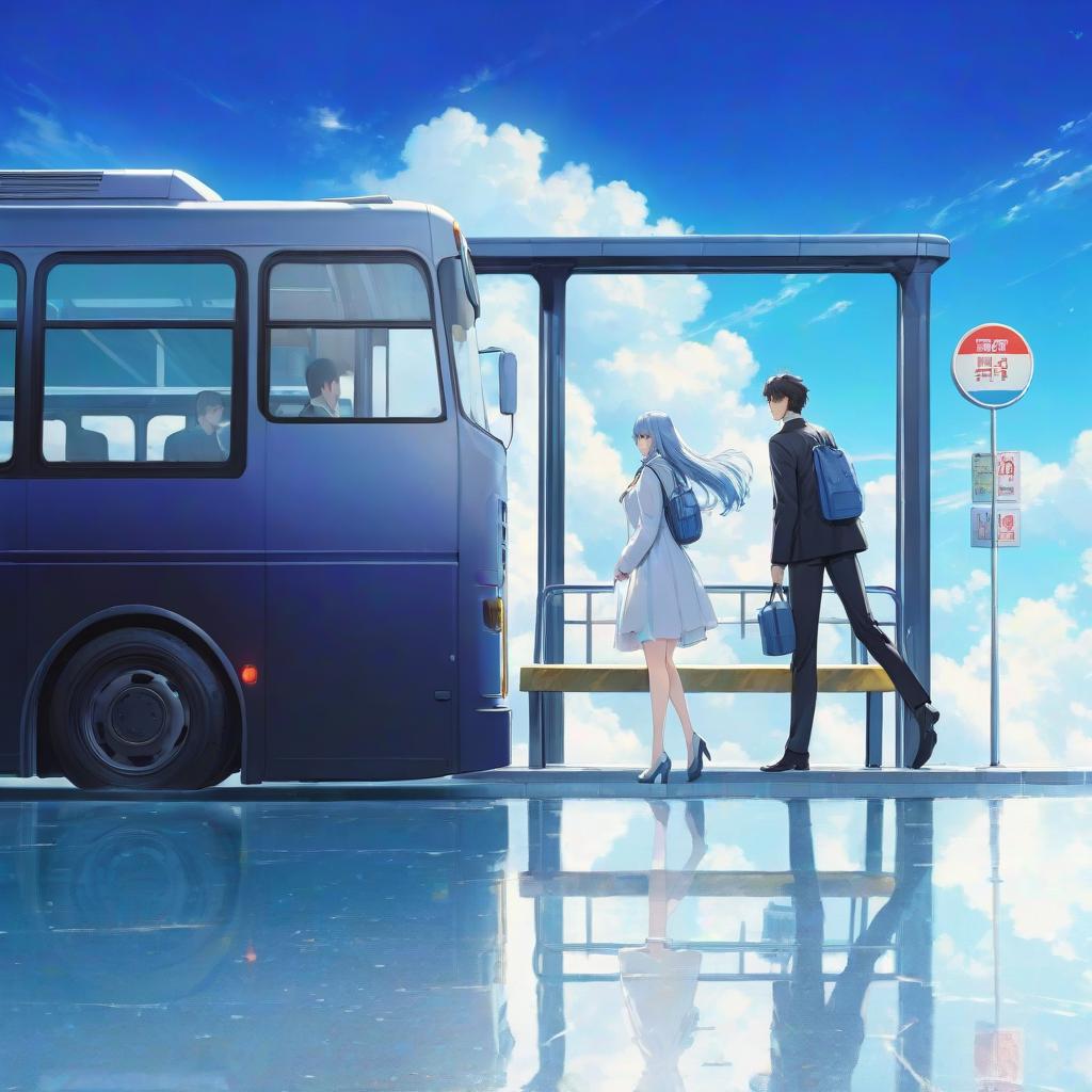  a man and a woman standing in front of a bus, a picture, pixiv, conceptual art, wallpaper anime blue water, very beautiful photo, bus station, serene illustration hyperrealistic, full body, detailed clothing, highly detailed, cinematic lighting, stunningly beautiful, intricate, sharp focus, f/1. 8, 85mm, (centered image composition), (professionally color graded), ((bright soft diffused light)), volumetric fog, trending on instagram, trending on tumblr, HDR 4K, 8K