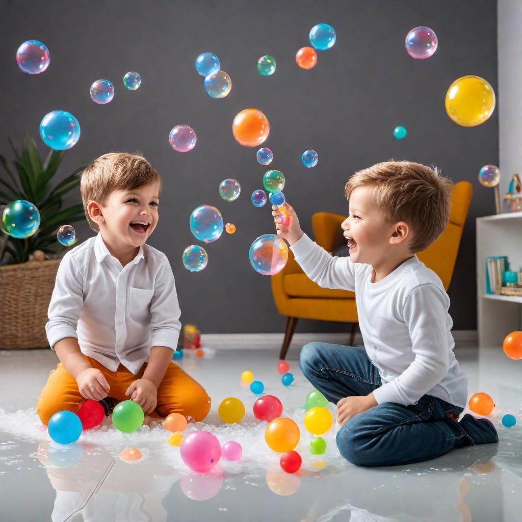  Two boys in a , one 5 and a younger brother, happily playing with bubbles and toys. The room is brightly lit with cheerful colors, and there is a lot of foam and splashing water. The boys are laughing and enjoying their time. hyperrealistic, full body, detailed clothing, highly detailed, cinematic lighting, stunningly beautiful, intricate, sharp focus, f/1. 8, 85mm, (centered image composition), (professionally color graded), ((bright soft diffused light)), volumetric fog, trending on instagram, trending on tumblr, HDR 4K, 8K