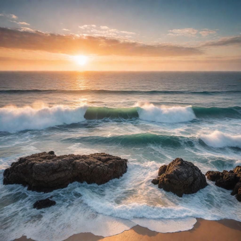  An image of the ocean with words and a calming sunset in the background hyperrealistic, full body, detailed clothing, highly detailed, cinematic lighting, stunningly beautiful, intricate, sharp focus, f/1. 8, 85mm, (centered image composition), (professionally color graded), ((bright soft diffused light)), volumetric fog, trending on instagram, trending on tumblr, HDR 4K, 8K