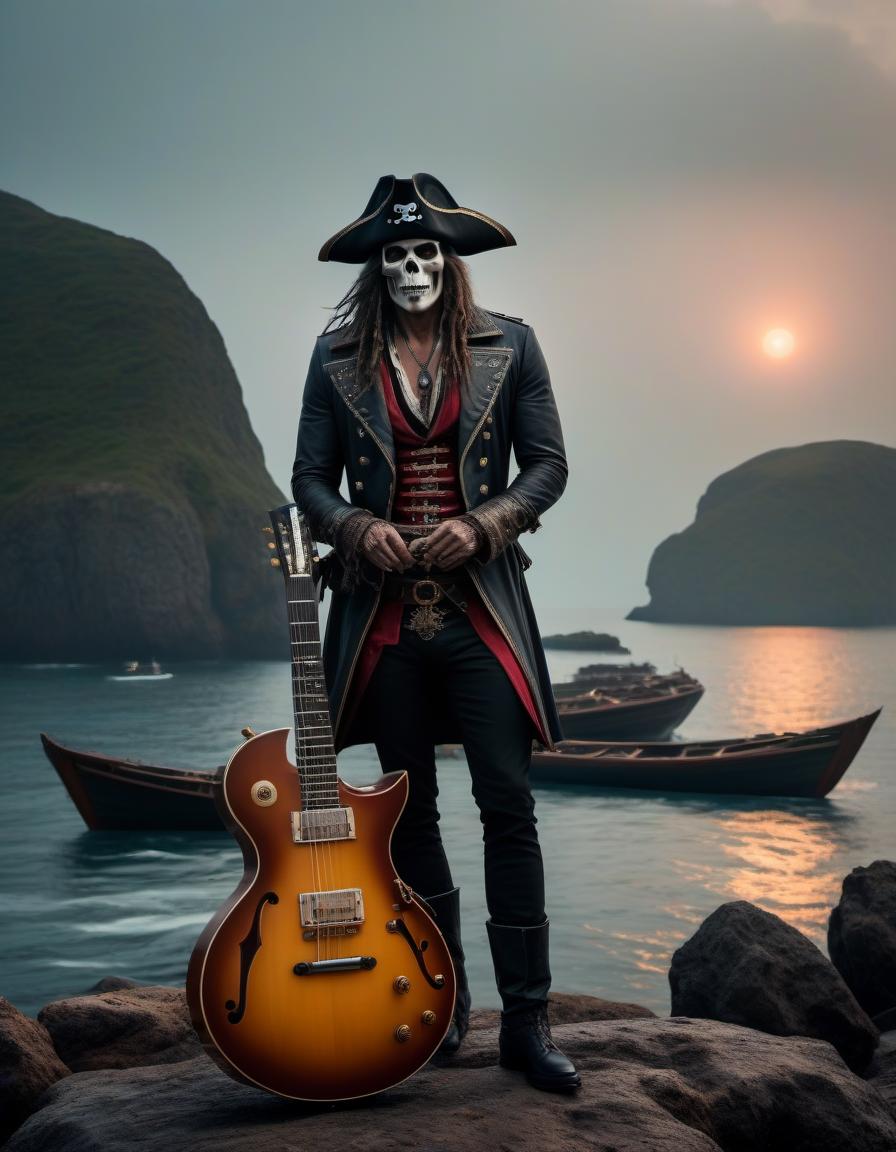  horror themed ual, , hostess, pirate, big s, electric guitar, against the backdrop of the sea, small boats . eerie, unsettling, dark, spooky, suspenseful, grim, highly detailed hyperrealistic, full body, detailed clothing, highly detailed, cinematic lighting, stunningly beautiful, intricate, sharp focus, f/1. 8, 85mm, (centered image composition), (professionally color graded), ((bright soft diffused light)), volumetric fog, trending on instagram, trending on tumblr, HDR 4K, 8K