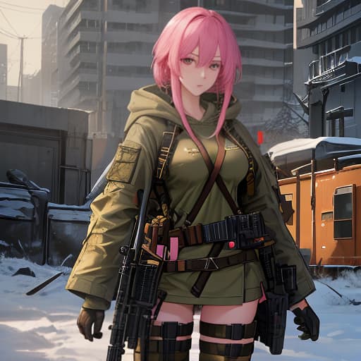  a beautiful girl in a military uniform, with pink hair far from the city in the style of the post apocalypse with a machine gun in her hands (the girl is wearing a hoodie with the inscription "Zumchik") hyperrealistic, full body, detailed clothing, highly detailed, cinematic lighting, stunningly beautiful, intricate, sharp focus, f/1. 8, 85mm, (centered image composition), (professionally color graded), ((bright soft diffused light)), volumetric fog, trending on instagram, trending on tumblr, HDR 4K, 8K