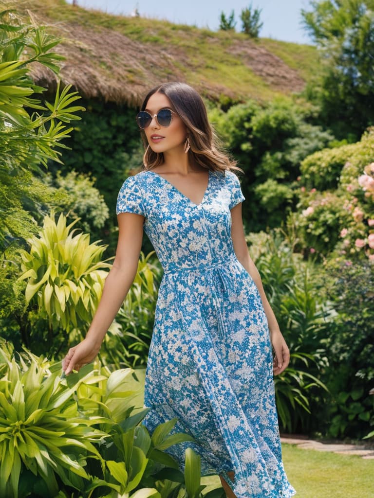  A person standing in the garden, wearing a casual floral printed summer dress.