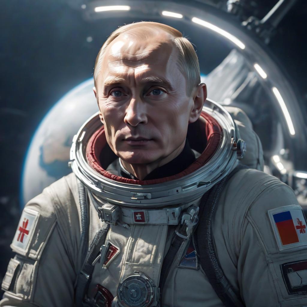  Putin in space, Russian flag, emblem of Roscosmos hyperrealistic, full body, detailed clothing, highly detailed, cinematic lighting, stunningly beautiful, intricate, sharp focus, f/1. 8, 85mm, (centered image composition), (professionally color graded), ((bright soft diffused light)), volumetric fog, trending on instagram, trending on tumblr, HDR 4K, 8K