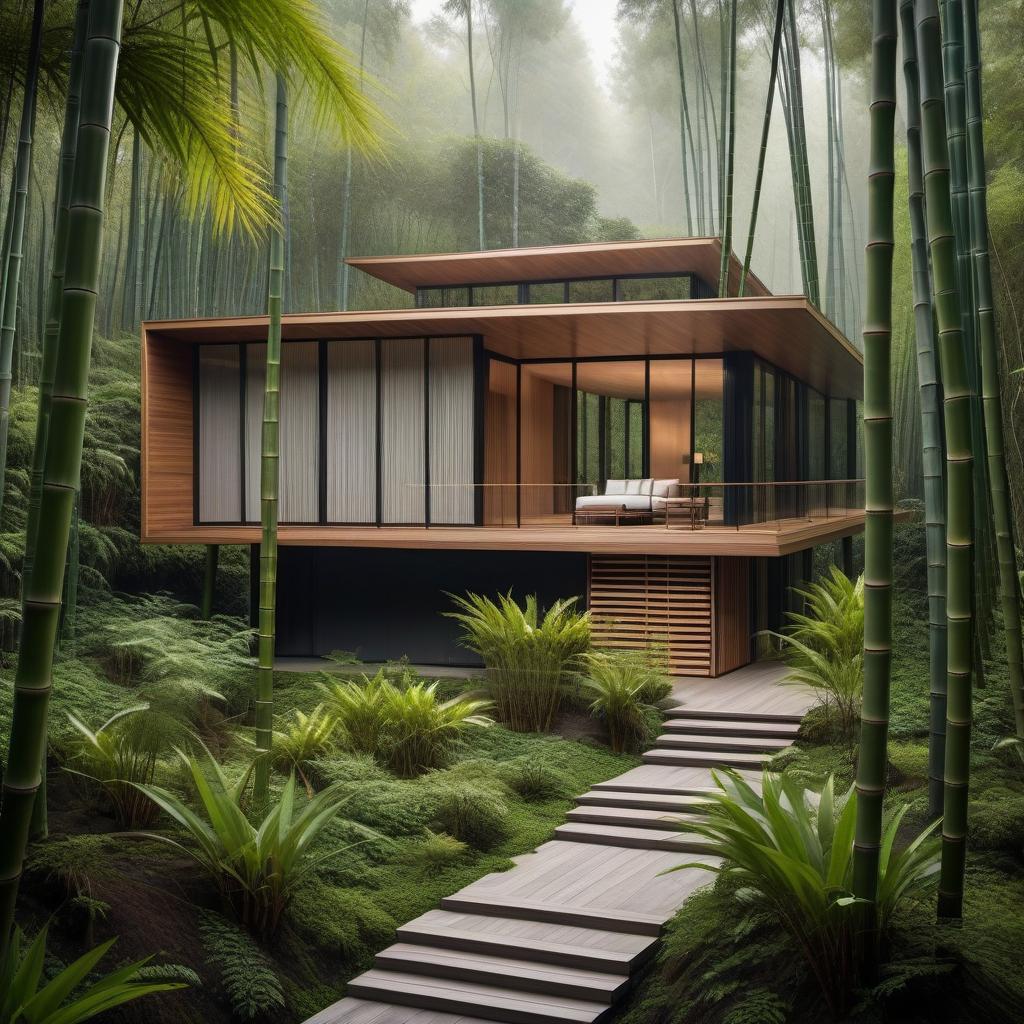  architectural style A two story house in a bamboo forest . clean lines, geometric shapes, minimalist, modern, architectural drawing, highly detailed hyperrealistic, full body, detailed clothing, highly detailed, cinematic lighting, stunningly beautiful, intricate, sharp focus, f/1. 8, 85mm, (centered image composition), (professionally color graded), ((bright soft diffused light)), volumetric fog, trending on instagram, trending on tumblr, HDR 4K, 8K