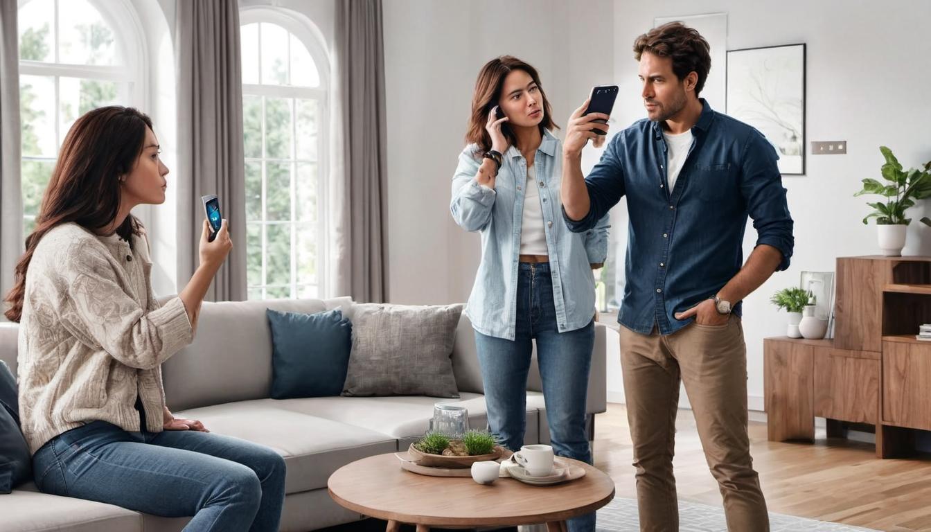  digital illustration, 1man, facing away from 1woman, woman looking frustrated and gesturing with hands, man distracted with phone, both in a modern living room, casual clothes, tension and disconnect, looking at viewer, dynamic pose, (intricate details, masterpiece, best quality)