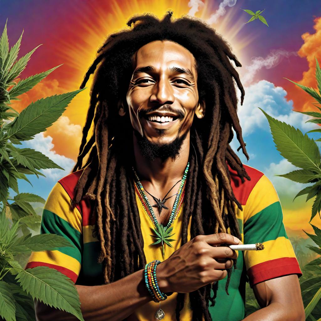  Bob Marley with his iconic dreadlocks, smiling and relaxed, holding a weed joint in one hand and a bong in the other hand, smoking from the bong. He has a high expression, with a cloud of smoke surrounding him. The background features colorful reggae-themed decor, enhancing the calm, vibrant atmosphere. hyperrealistic, full body, detailed clothing, highly detailed, cinematic lighting, stunningly beautiful, intricate, sharp focus, f/1. 8, 85mm, (centered image composition), (professionally color graded), ((bright soft diffused light)), volumetric fog, trending on instagram, trending on tumblr, HDR 4K, 8K