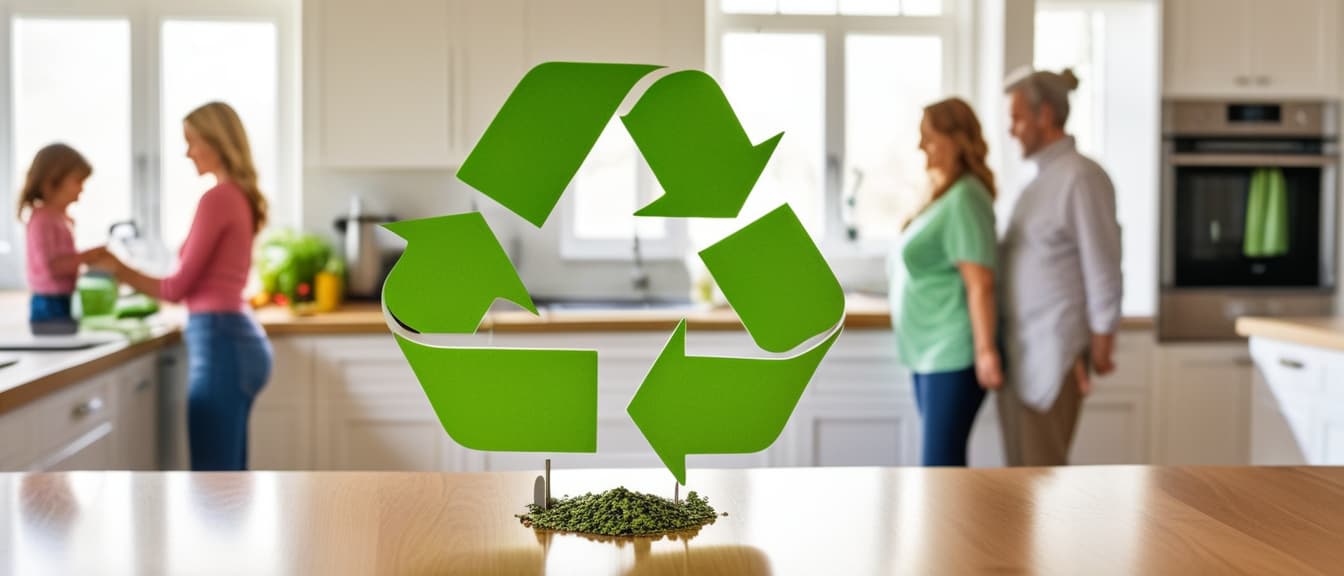  Macro Photography, Green recycle symbol icon sign with blurry family in kitchen in background to represent recycling or sorting of waste at home, close up, macro 100mm, macro photography