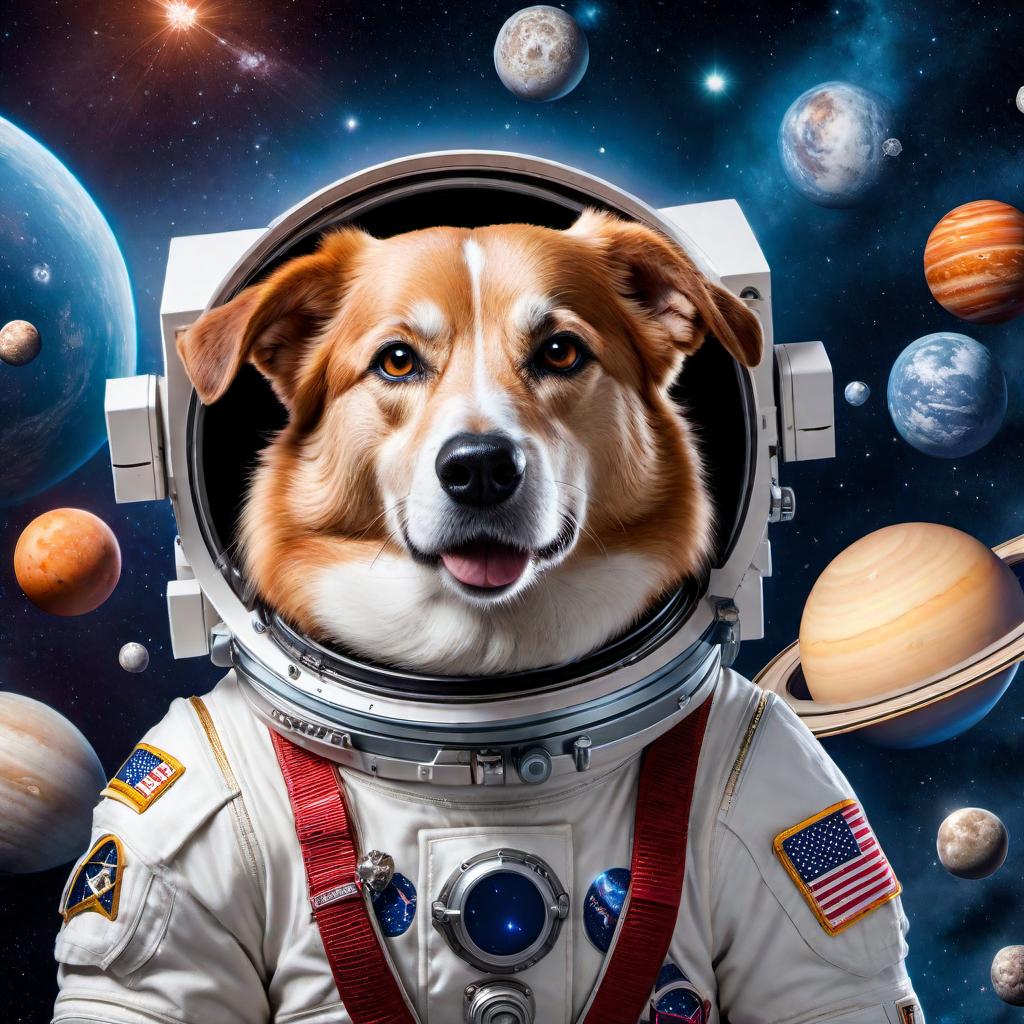  A dog in space wearing a cute astronaut suit, floating among stars and planets, holding a bone. The scene should have a whimsical, cartoon-like feel, with vibrant colors. This could be used as a logo, so it should be clean and clear. hyperrealistic, full body, detailed clothing, highly detailed, cinematic lighting, stunningly beautiful, intricate, sharp focus, f/1. 8, 85mm, (centered image composition), (professionally color graded), ((bright soft diffused light)), volumetric fog, trending on instagram, trending on tumblr, HDR 4K, 8K