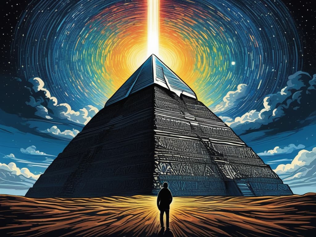  An artistically drawn illustration of a majestic pyramid or two surrounded by a bright light pillar emanating from the tallest pyramid's summit. The light pillar extends upwards into the sky. The night sky features colorful swirls reminiscent of Van Gogh's style, creating a mesmerizing and hyper realistic scene. The person in the image is dressed in casual attire, wearing a plain blue t shirt and black jeans.