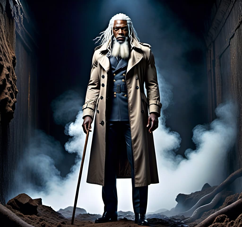  lovecraftian horror A black man, a soldier, in a trench coat, beard, long white hair, standing upright, muscular build, height 2 meters, a stick. . eldritch, cosmic horror, unknown, mysterious, surreal, highly detailed hyperrealistic, full body, detailed clothing, highly detailed, cinematic lighting, stunningly beautiful, intricate, sharp focus, f/1. 8, 85mm, (centered image composition), (professionally color graded), ((bright soft diffused light)), volumetric fog, trending on instagram, trending on tumblr, HDR 4K, 8K