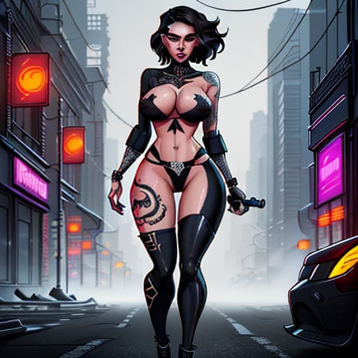  Image, a slender, curvaceous punk with black tattoos around her eyes and dark hair, no clothes; , burning city, street, taxi. English Translation: Image: A slim, curvy punk with black tattoos around her eyes, dark hair, no clothes; , burning city, street, taxi., Indie game art, (Vector Art, Borderlands style, Arcane style, Cartoon style), Line art, Disctinct features, Hand drawn, Technical ilration, Graphic design, Vector graphics, High contrast, Precision artwork, Linear compositions, Scalable artwork, Digital art, cinematic sensual, Sharp focus, humorous ilration, big depth of field, Masterpiece, trending on artstation, Vivid colors, trending on ArtStation, trending on CGSociety, Intricate, Low Detail, dramatic hyperrealistic, full body, detailed clothing, highly detailed, cinematic lighting, stunningly beautiful, intricate, sharp focus, f/1. 8, 85mm, (centered image composition), (professionally color graded), ((bright soft diffused light)), volumetric fog, trending on instagram, trending on tumblr, HDR 4K, 8K