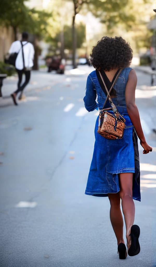 African American walking down the street looking at the camera from the front with long brown hair wearing a blue miniskirt with black heels