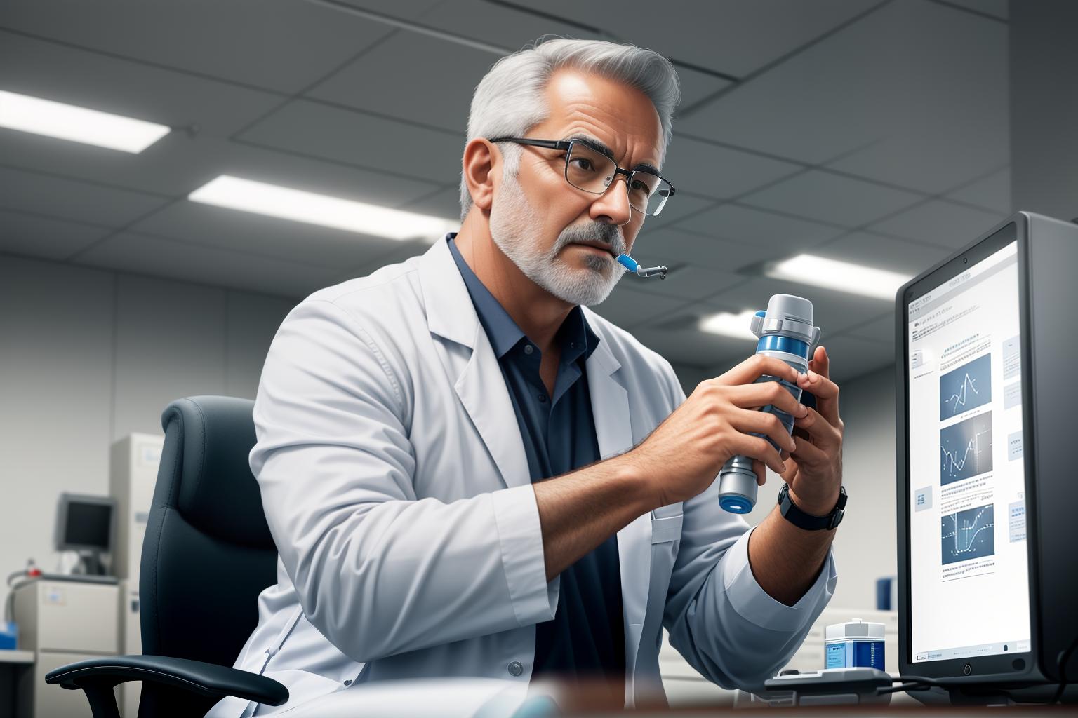  "Depict a middle aged male in a clinical setting, seated and using a spirometer to measure lung function. The background is a clean, well lit doctor's office with medical posters on the wall, subtly blurred to keep focus on the patient. The man looks concerned but cooperative, highlighting the seriousness of COPD. The image is realistic, detailed, and close up, capturing the man's facial expression and the spirometer in use. Use high quality, photorealistic style modifiers to enhance the authenticity and emotional impact of the scene."Ensure no face,leg,hand or eye defomities.Ensure all images are clear, detailed, contains no text and no deformities. realistic, highly detailed, photorealistic, cinematic lighting, intricate, sharp focus, f/1 hyperrealistic, full body, detailed clothing, highly detailed, cinematic lighting, stunningly beautiful, intricate, sharp focus, f/1. 8, 85mm, (centered image composition), (professionally color graded), ((bright soft diffused light)), volumetric fog, trending on instagram, trending on tumblr, HDR 4K, 8K