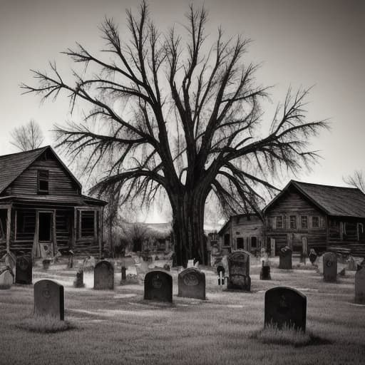  A rustic ghost town style graveyard with a large dead tree in the background.