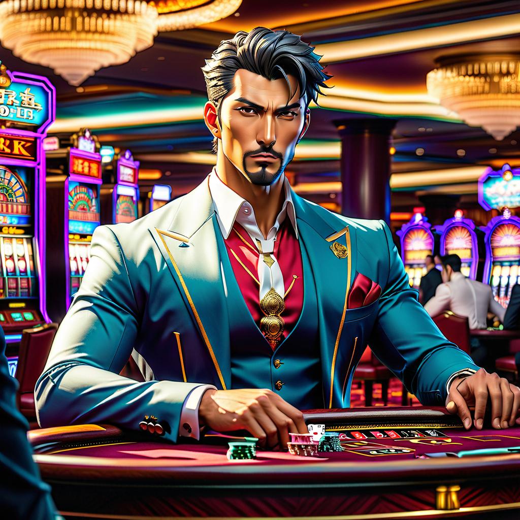  anime artwork There is a tall skinned guy in the casino . anime style, key visual, vibrant, studio anime, highly detailed hyperrealistic, full body, detailed clothing, highly detailed, cinematic lighting, stunningly beautiful, intricate, sharp focus, f/1. 8, 85mm, (centered image composition), (professionally color graded), ((bright soft diffused light)), volumetric fog, trending on instagram, trending on tumblr, HDR 4K, 8K