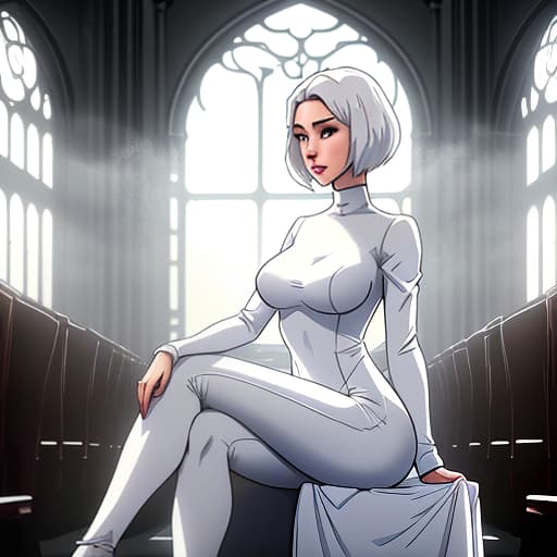  Art, a girl in a modest sitting pose, wearing tight white clothes, short hair, releasing a white dove from her hands, dark background, church motifs, anime style, full grown girl. hyperrealistic, full body, detailed clothing, highly detailed, cinematic lighting, stunningly beautiful, intricate, sharp focus, f/1. 8, 85mm, (centered image composition), (professionally color graded), ((bright soft diffused light)), volumetric fog, trending on instagram, trending on tumblr, HDR 4K, 8K