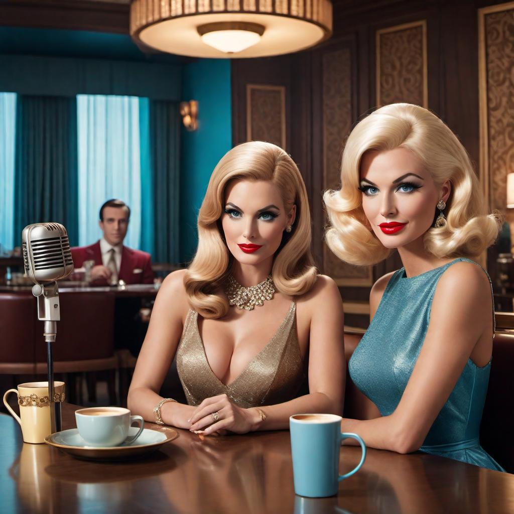  A glamorous vintage 60s cartoon-style podcast cover featuring two women in a beautiful, glamorous room. They are sitting at a table with a prominent microphone and one or two espresso cups. One woman has blonde hair and blue eyes, with long chic hair and wearing a stylish dress. The other woman has brown hair and brown eyes with distinct facial features and long wavy hair, wearing a retro outfit. The background includes elements of a glamorous room from the 60s, with elegant decor, luxurious furniture, and a warm, inviting atmosphere. The women are having fun, laughing, and talking, with enhanced lively expressions. Ensure the microphone is clearly included on the table for the podcast setup. The overall style is bright, colorful, and nosta hyperrealistic, full body, detailed clothing, highly detailed, cinematic lighting, stunningly beautiful, intricate, sharp focus, f/1. 8, 85mm, (centered image composition), (professionally color graded), ((bright soft diffused light)), volumetric fog, trending on instagram, trending on tumblr, HDR 4K, 8K