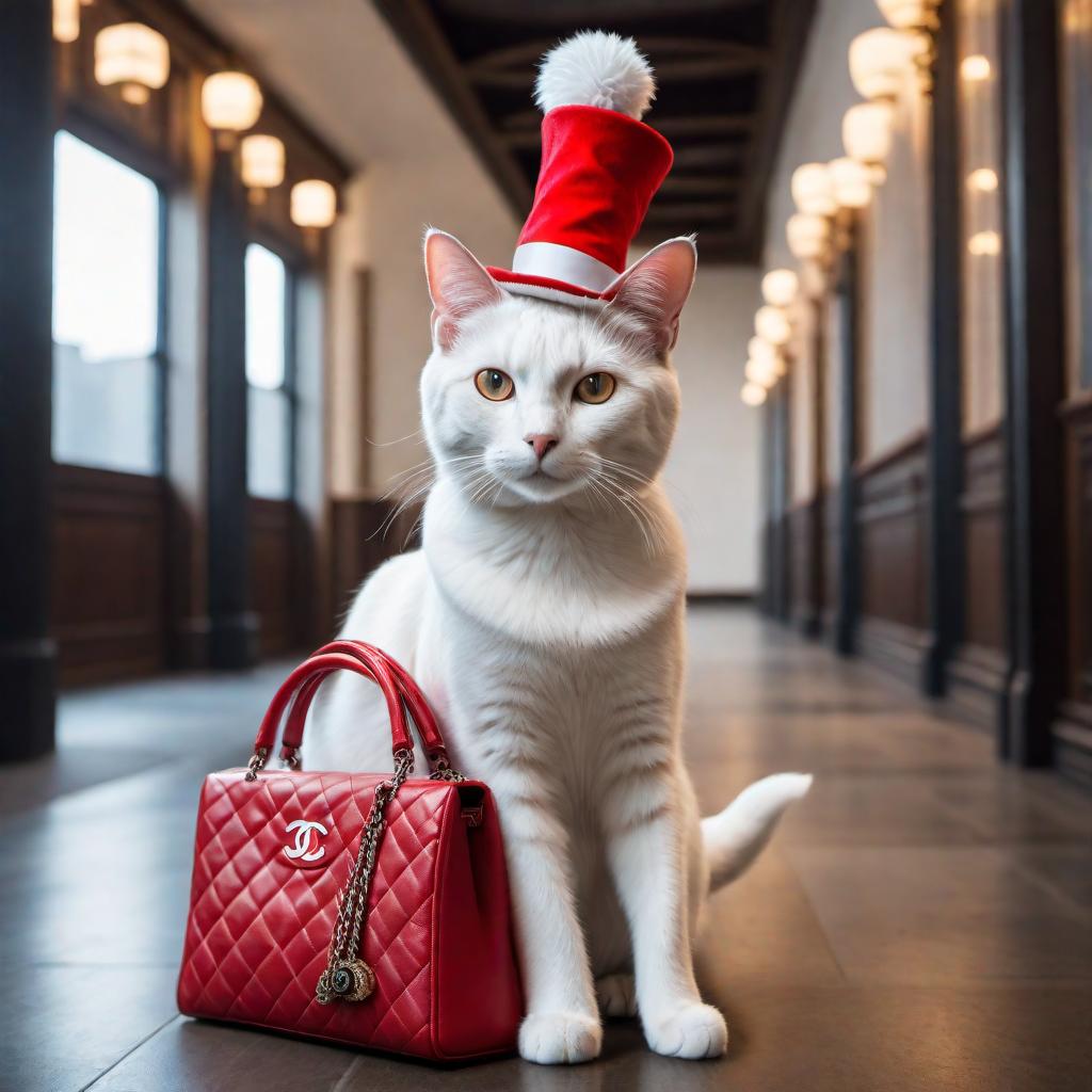  A cat wearing the iconic hat from 'Cat in the Hat' by Dr. Seuss and carrying a Chanel bag. The cat should be standing upright, with the hat on its head and a fashionable Chanel bag slung over its shoulder. hyperrealistic, full body, detailed clothing, highly detailed, cinematic lighting, stunningly beautiful, intricate, sharp focus, f/1. 8, 85mm, (centered image composition), (professionally color graded), ((bright soft diffused light)), volumetric fog, trending on instagram, trending on tumblr, HDR 4K, 8K