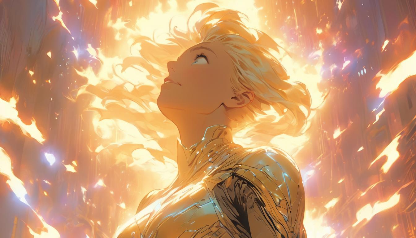  hyperrealism,fantasy aesthetic1woman, large busted attractive blonde arian female humanoid, radiant light body, transforming before a cosmic audience, ethereal backdrop, high tech clothing clad in sleek, futuristic costume with metallic accents and form fitting designs, marvel superhero comics style, unreal engine rendering