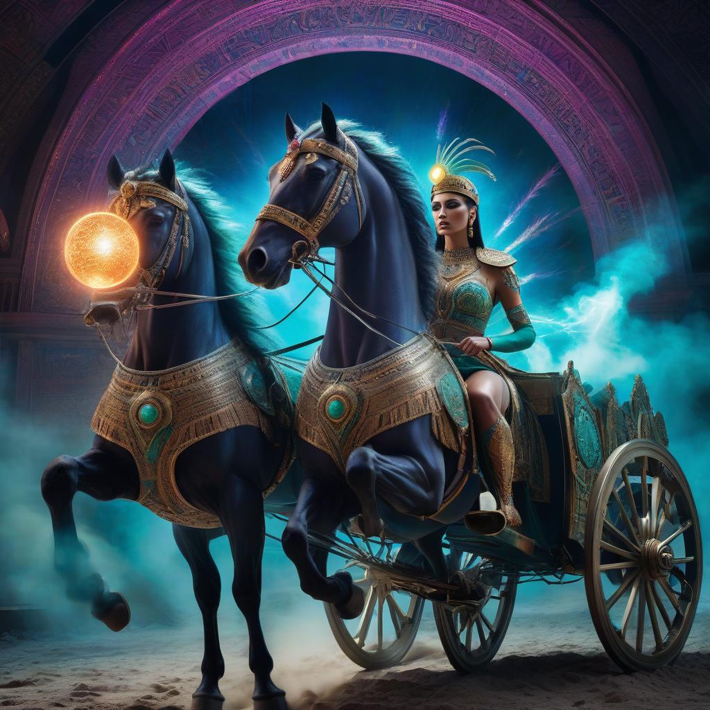  Fantasy picture. Digital photo, Cleopatra riding a horse harnessed to a chariot rushing towards a glowing ball, emitting bright blue green red luminescence, neon purple sparks, mystical glow. Dust flies fantastically from under the wheels of the chariot. Fantastic detailed background: surrealistic, intertwining in a strange, whimsical ornament. Fine details. Sparkles. hyperrealistic, full body, detailed clothing, highly detailed, cinematic lighting, stunningly beautiful, intricate, sharp focus, f/1. 8, 85mm, (centered image composition), (professionally color graded), ((bright soft diffused light)), volumetric fog, trending on instagram, trending on tumblr, HDR 4K, 8K