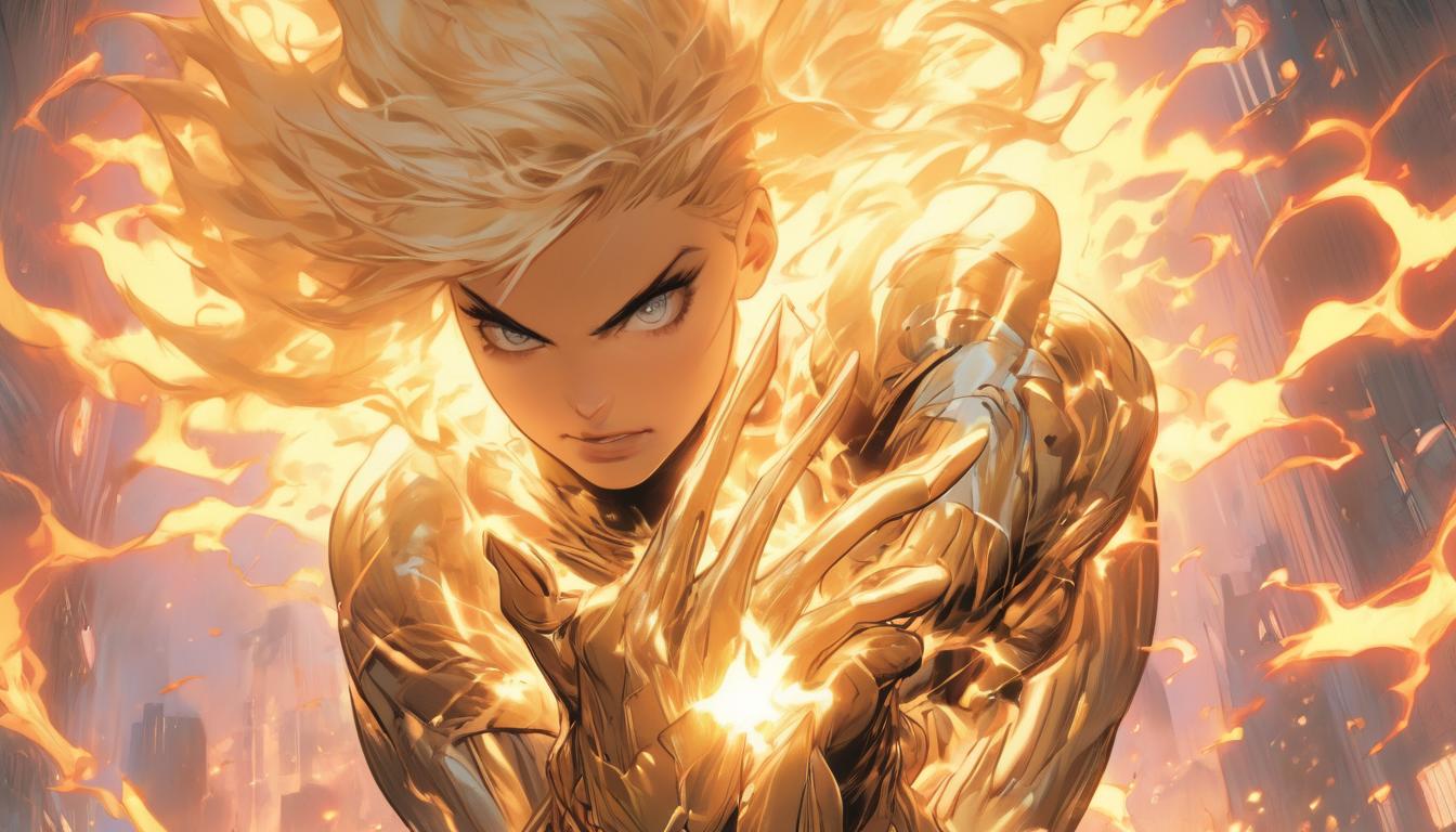  hyperrealism,fantasy aesthetic1woman, large busted attractive blonde arian female humanoid, channeling energy through her hands, light spreading into the world, powerful and dynamic scene, high tech clothing clad in sleek, futuristic costume with metallic accents and form fitting designs, marvel superhero comics style, unreal engine rendering