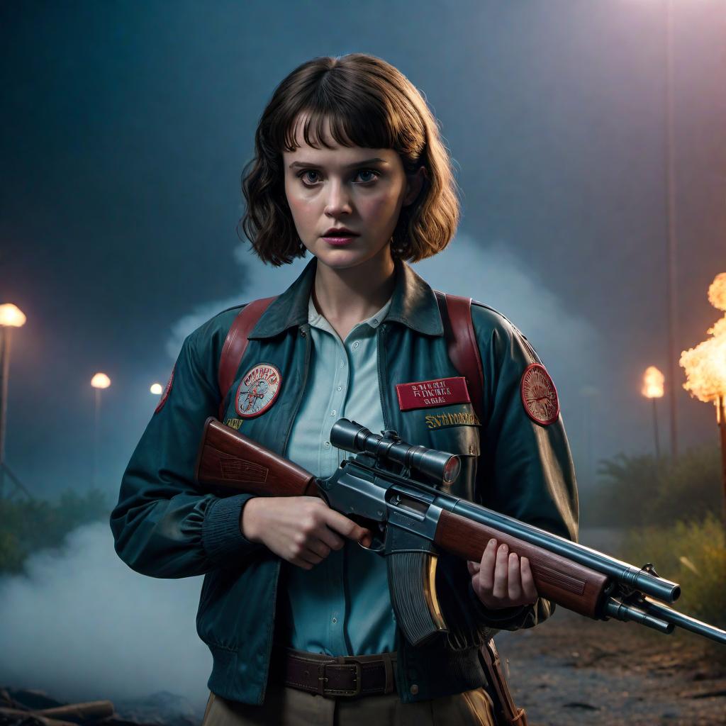  Nancy from Stranger Things holding a shotgun and facing the camera. She should look determined and ready for action. The background should be reflective of a tense, Stranger Things atmosphere with subtle hints of the Upside Down. hyperrealistic, full body, detailed clothing, highly detailed, cinematic lighting, stunningly beautiful, intricate, sharp focus, f/1. 8, 85mm, (centered image composition), (professionally color graded), ((bright soft diffused light)), volumetric fog, trending on instagram, trending on tumblr, HDR 4K, 8K