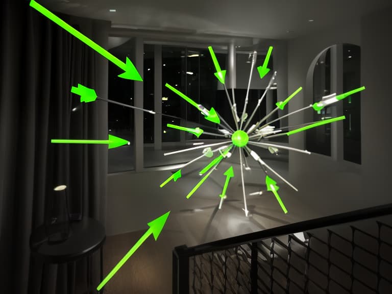 dvarchmodern The room in which the green glowing arrows are located, the arrows have a sharp tip and a glass tip at the end, all the arrows move towards the center, in the center there is a sphere that glows in different colors, (intricate details:1.12), hdr, (intricate details, hyperdetailed:1.15) hyperrealistic, full body, detailed clothing, highly detailed, cinematic lighting, stunningly beautiful, intricate, sharp focus, f/1. 8, 85mm, (centered image composition), (professionally color graded), ((bright soft diffused light)), volumetric fog, trending on instagram, trending on tumblr, HDR 4K, 8K