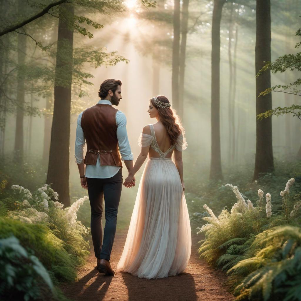  A couple labeled 'Aries' and 'Capricorn,' walking hand-in-hand through a serene, wooded area. The scene captures a relaxed, intimate moment between them. The image should have a dreamy, fantasy lo-fi aesthetic, with soft muted colors, grainy textures, warm lighting, whimsical elements like glowing fairy lights, ethereal mist, and sparkles. The overall vibe should be calm, nostalgic, and magical. hyperrealistic, full body, detailed clothing, highly detailed, cinematic lighting, stunningly beautiful, intricate, sharp focus, f/1. 8, 85mm, (centered image composition), (professionally color graded), ((bright soft diffused light)), volumetric fog, trending on instagram, trending on tumblr, HDR 4K, 8K