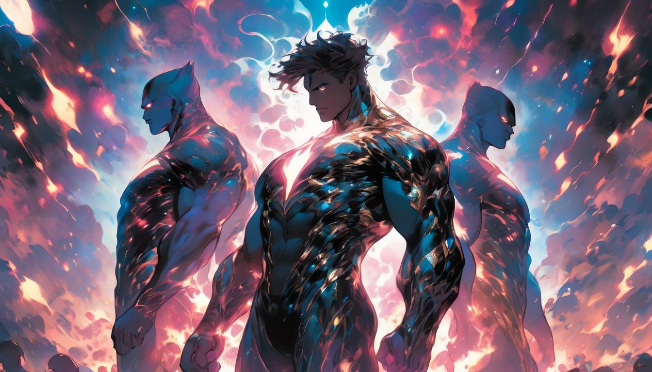  hyperrealism,fantasy aesthetic2men, attractive arian male humanoids, standing in a field of cosmic energy, illuminated patterns, sense of upliftment, high tech clothing clad in sleek, futuristic costume with metallic accents and form fitting designs, marvel superhero comics style, unreal engine rendering