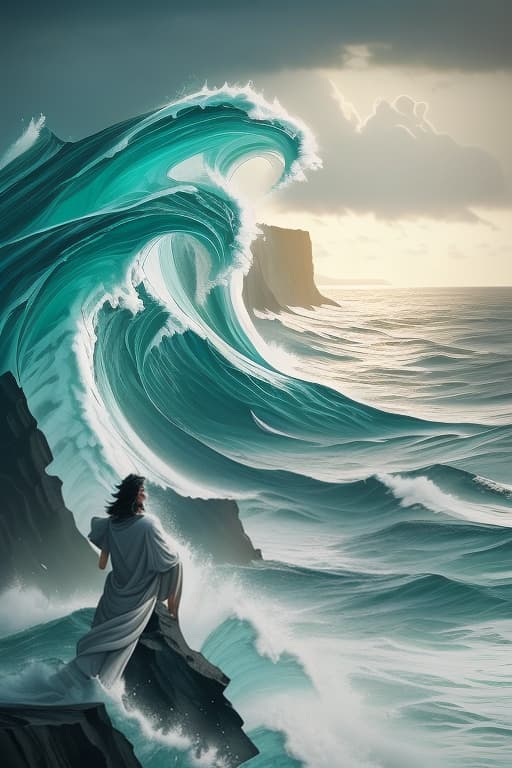  He stands at the edge of a rugged cliff, staring out at the endless, tumultuous ocean. The waves crash violently against the rocks below, spraying salty mist into the air. Dark clouds gather above, hinting at an approaching storm. In his weathered hand, he clutches a broken compass, its needle spinning uselessly. Behind him, memories of tales about fearless sailors who conquered the sea whisper in his mind. His boat, small and battered, waits on the shore below, dwarfed by the vast expanse of the ocean. Despite the broken compass and the daunting waves, he smiles—a smile tinged with irony and quiet acceptance of his fate. With a soft laugh that mingles with the sound of the wind and waves, he whispers to himself, "Oh Lord, your ocean i