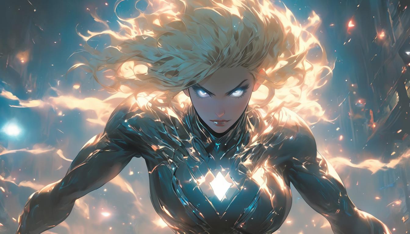  hyperrealism,fantasy aesthetic1woman, large busted attractive blonde arian female humanoid, rising above a dark mist, luminous stars surrounding, sense of transcendence, high tech clothing clad in sleek, futuristic costume with metallic accents and form fitting designs, marvel superhero comics style, unreal engine rendering