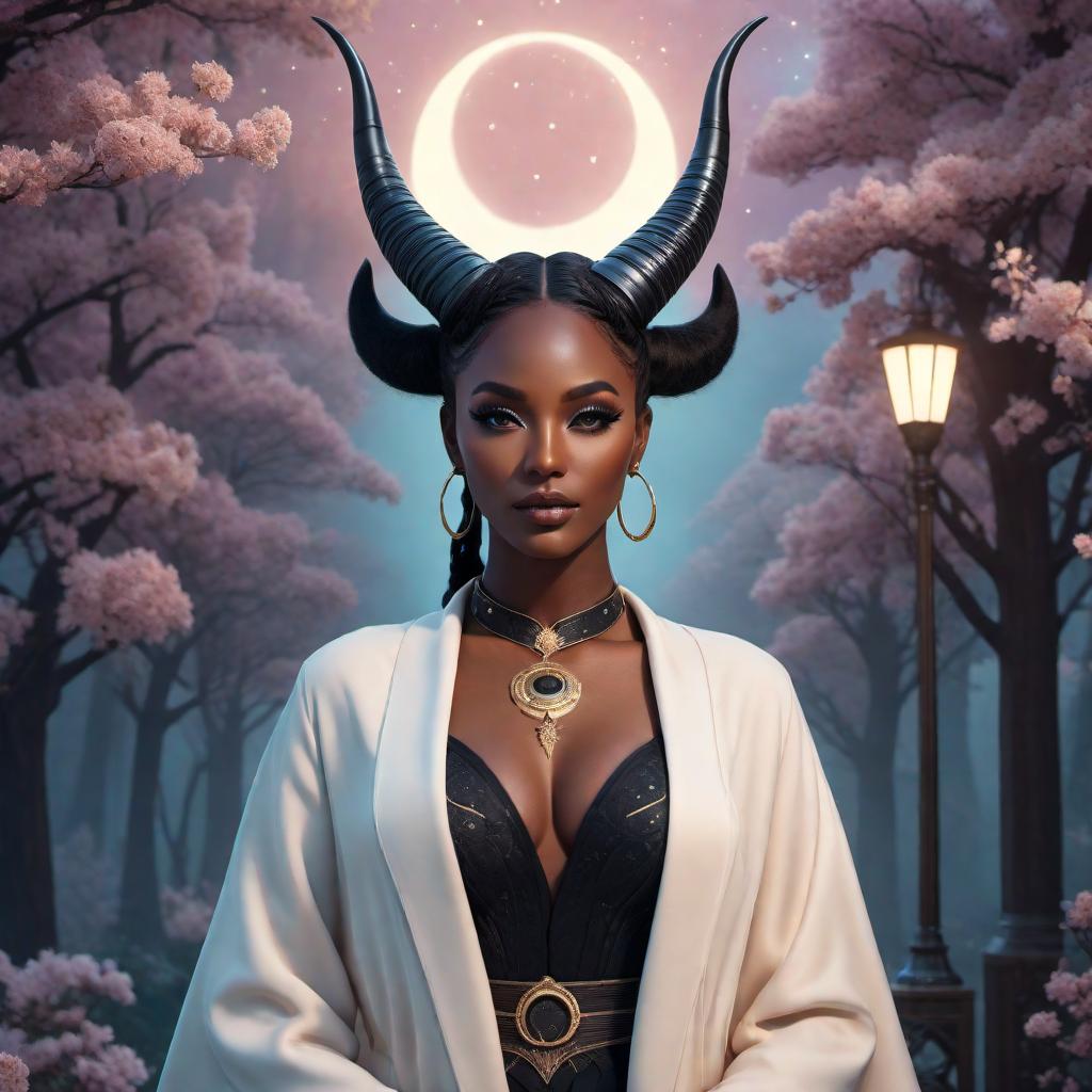  A black female Capricorn fantasy character with horns, illustrated in a lofi style. The character should have a serene, almost ethereal presence, with cosmic elements like stars and a crescent moon incorporated into the background. The color palette should include soft, muted tones with a dreamy, nostalgic aesthetic. The overall mood should be relaxing and calming, embodying the chill vibes typical of lofi art. hyperrealistic, full body, detailed clothing, highly detailed, cinematic lighting, stunningly beautiful, intricate, sharp focus, f/1. 8, 85mm, (centered image composition), (professionally color graded), ((bright soft diffused light)), volumetric fog, trending on instagram, trending on tumblr, HDR 4K, 8K