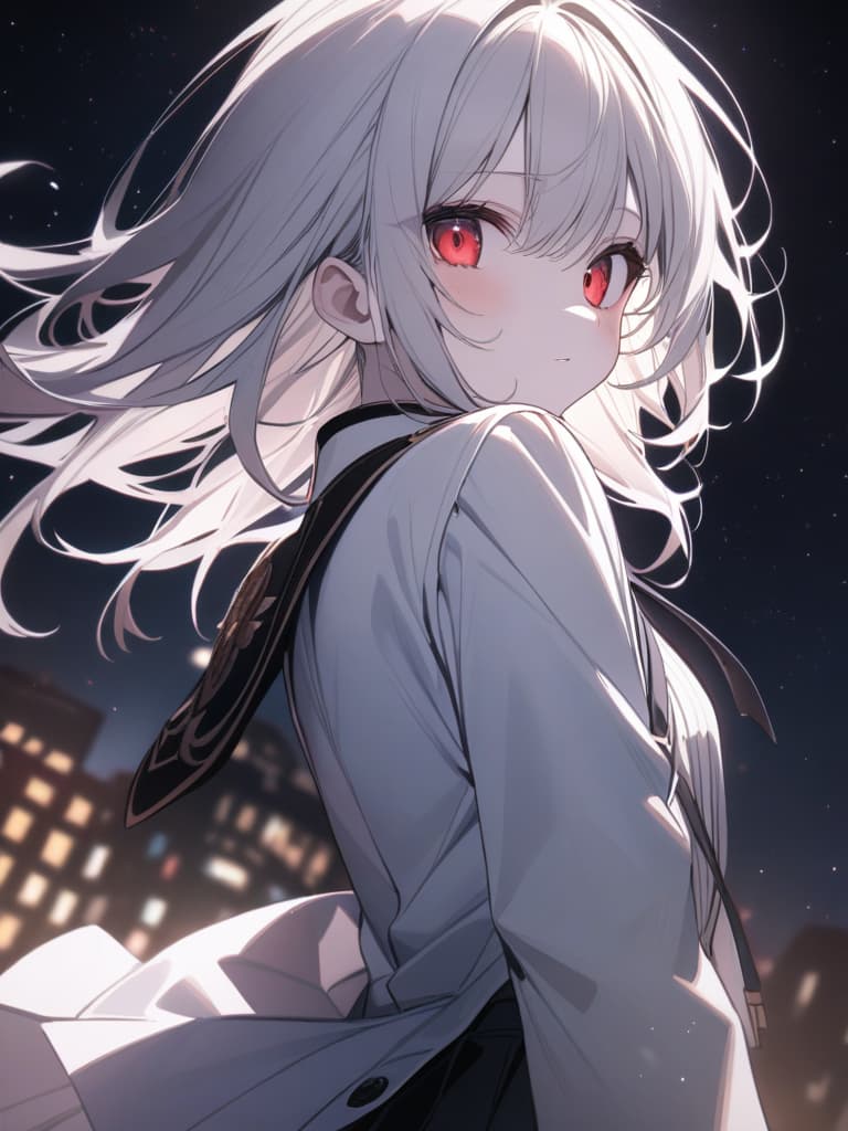  Cute, , young face, white skin, thin body, fluffy hair, white hair color, bright red eyes, big eyes, night, starry sky, uniform, shirt, pleated , masterpiece, best quality,8k,ultra detailed,high resolution,an extremely delicate and beautiful,hyper detail