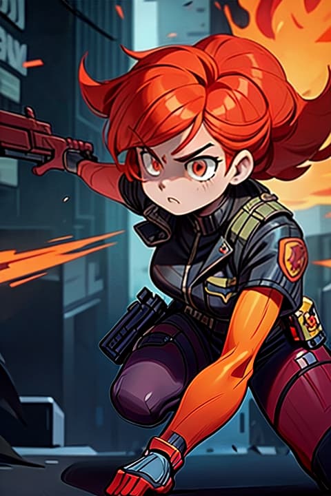  a fierce character with fiery hair, in armed, police woman, in the style of Molecular, Al Capp, intense and powerful, photo enhanced, cyberpunk genre, fiery red