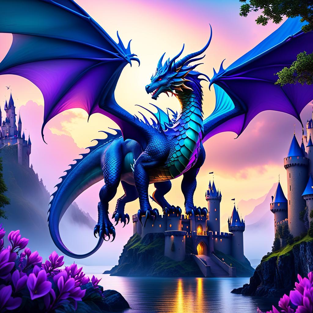  ethereal fantasy concept art of (Background): Blue sky. In the sky there is a green island. A castle with a scaly roof rises in the centre of the island. A large dragon is curled around the castle. He is its caring guardian. Foreground. (Dragon):Appearance: a peacefully slumbering dragon, hugging the castle with its wings. (Colour of scales and wings):blue, smoothly passing to pink violet wings with golden scales on the end. . magnificent, celestial, ethereal, painterly, epic, majestic, magical, fantasy art, cover art, dreamy hyperrealistic, full body, detailed clothing, highly detailed, cinematic lighting, stunningly beautiful, intricate, sharp focus, f/1. 8, 85mm, (centered image composition), (professionally color graded), ((bright soft diffused light)), volumetric fog, trending on instagram, trending on tumblr, HDR 4K, 8K