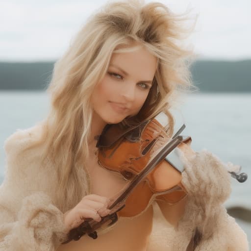 portrait+ style A hot blonde beauty sitting by the lake playing the violin