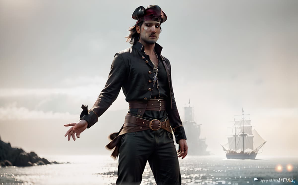  pirate male hyperrealistic, full body, detailed clothing, highly detailed, cinematic lighting, stunningly beautiful, intricate, sharp focus, f/1. 8, 85mm, (centered image composition), (professionally color graded), ((bright soft diffused light)), volumetric fog, trending on instagram, trending on tumblr, HDR 4K, 8K