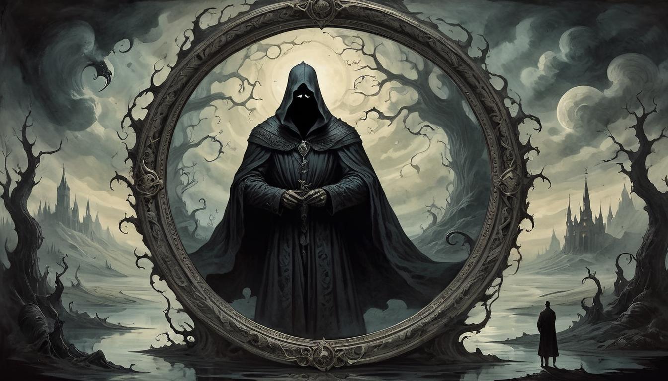  on parchment, surrealism+++, A mirror with a shadowy figure's reflection, their true form a menacing, monstrous silhouette, background of swirling dark energies, self revelation, true nature, eerie(mysterious, provocative, symbolic,muted color)+++