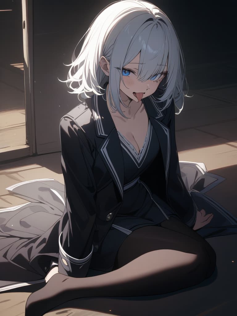  ((black tights,,dirty eyes,,)),big s,open ed uniform,blazer,sitting flat, style sitting,emphasis on s,(medium length hair,hair over shoulders,blue eyes,white hair,tongue ing),pretty ,beautiful,cute,y,ultra detailed,best shadow,cute and beautiful face,(masterpiece:1.2),(best quality:1.2),detailed background,high contrast,(best illumination,an extremely delicate and beautiful),((cinematic light)),hyper detail,dramatic light,intricate details,8k,anime,very aesthetic、((Very,very large s,big ,low cut clothing))、((Black tights,black tights, black tights)), masterpiece, best quality,8k,ultra detailed,high resolution,an extremely delicate and beautiful,hyper detail