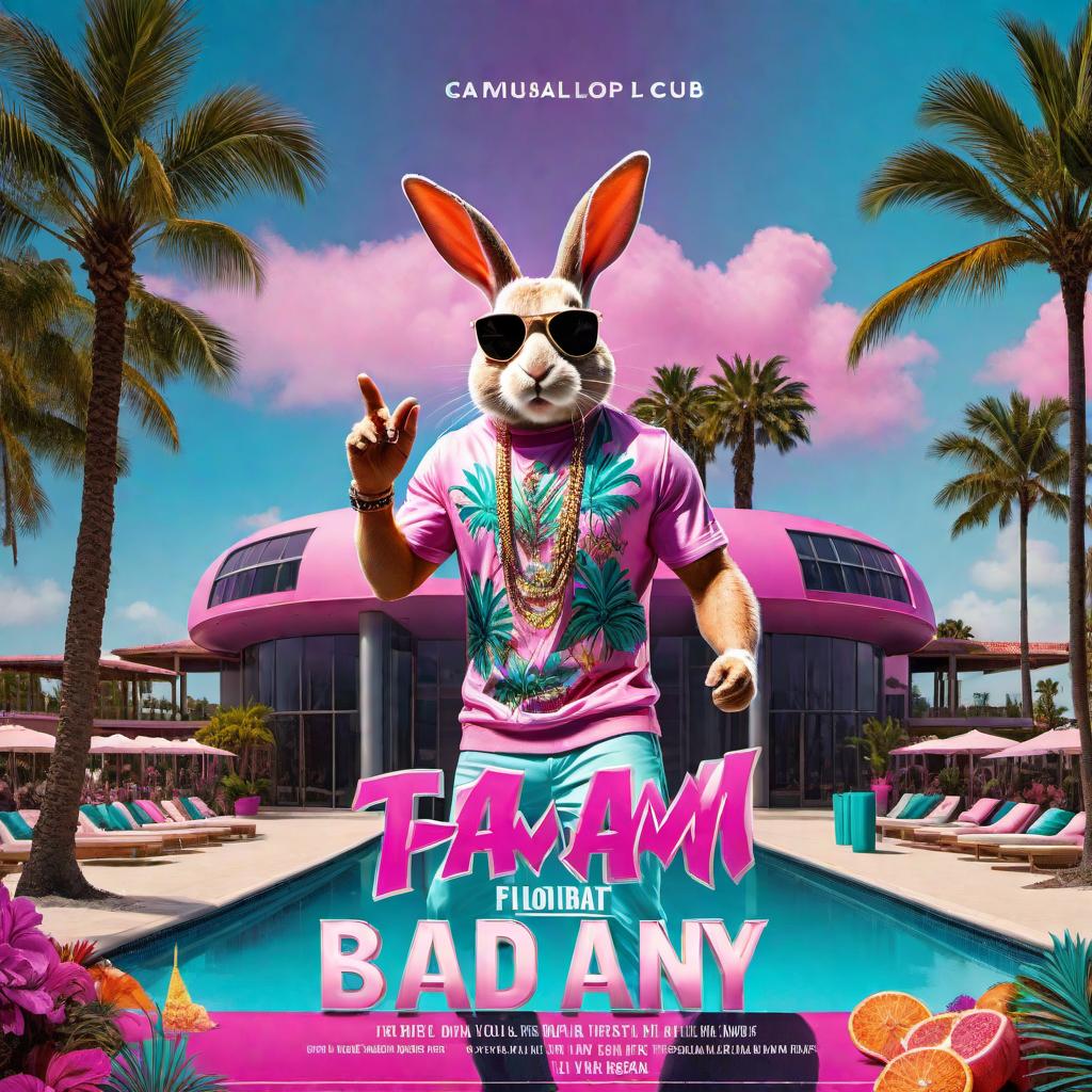  A vibrant party flyer for a Bad Bunny-themed event in Florida. The design should include a picture of Bad Bunny, tropical elements like palm trees and neon lights, and lively colors such as pink, purple, and turquoise. The text should include the event name 'Bad Bunny Party', location 'Florida Beach Club', date and time 'Saturday, October 15th, 9 PM - 2 AM'. hyperrealistic, full body, detailed clothing, highly detailed, cinematic lighting, stunningly beautiful, intricate, sharp focus, f/1. 8, 85mm, (centered image composition), (professionally color graded), ((bright soft diffused light)), volumetric fog, trending on instagram, trending on tumblr, HDR 4K, 8K