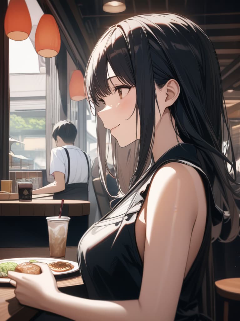  Japan Painting Style, Friul APRON, Bare Shoulder, Cary A Tray, Happy Smile, Japanese Cafe, From Side, Best Quality: 1.4, Ultra Detailed Ture, Raw Photorealistic, Absurd Resolution, 8k Illustration, 💩 , 💩, 💩, 💩, 💩, 💩,, masterpiece, best quality,8k,ultra detailed,high resolution,an extremely delicate and beautiful,hyper detail