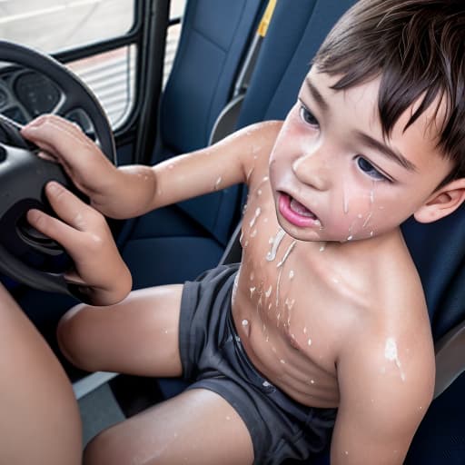  a very sweaty very young boy, caught on a public bus, is discovered by the viewer. The young 's face is rendered in exquisite detail, a look of and arousal as he realizes he's been caught the boy on the bus seat lets out a stream of warm, viscous liquid shooting out from his huge engorged erect tip coating his and splattering onto the floor of the bus, the pinnacle of his is his sweaty features, high-angle shot, dramatic angle, extreme angle shot, photo-realistic, volumetric fog, 85mm lens, HDR, cinematic