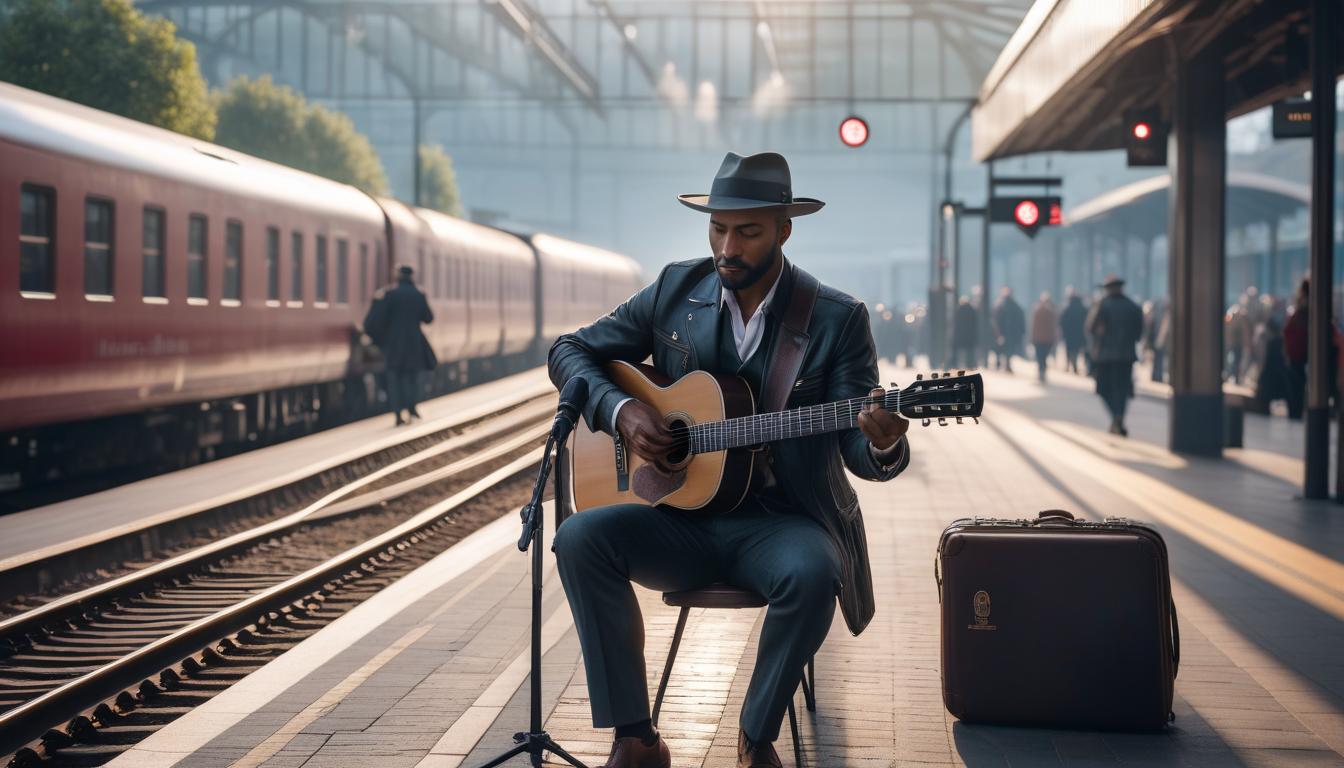  A street musician playing the guitar at the train station in the morning, only the hands are visible. hyperrealistic, full body, detailed clothing, highly detailed, cinematic lighting, stunningly beautiful, intricate, sharp focus, f/1. 8, 85mm, (centered image composition), (professionally color graded), ((bright soft diffused light)), volumetric fog, trending on instagram, trending on tumblr, HDR 4K, 8K