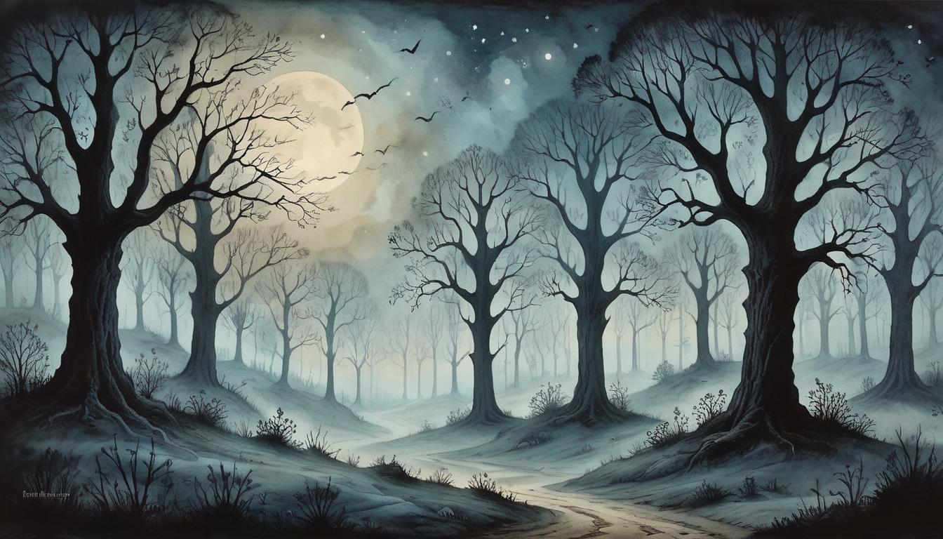  on parchment, surrealism+++, A dreamlike landscape, silhouettes of shadowy trees under a starlit sky, slight ethereal mist hovering above ground, moody, mystical, tranquil(mysterious, provocative, symbolic,muted color)+++